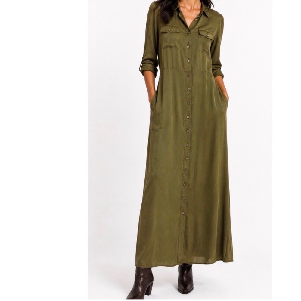 🆕 spartina 449 Peyton Dark Olive Vegan Silk Button Front Maxi Shirt Dress XXL